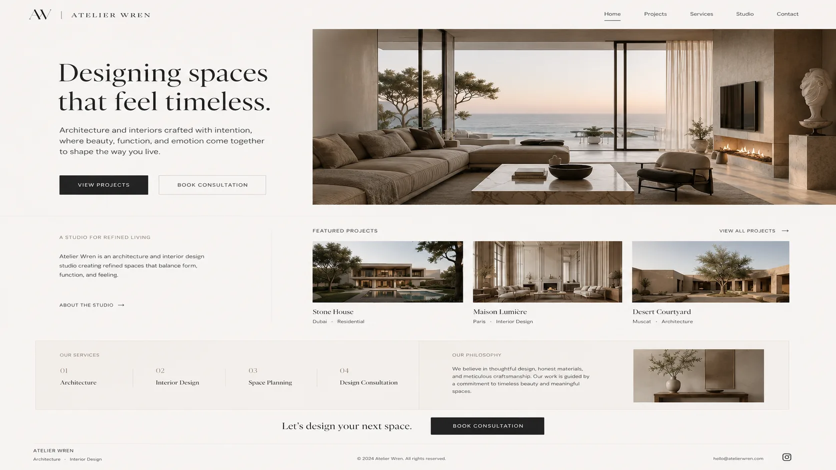 Atelier Wren — Architecture and interior design studio site built to let the portfolio photography lead.