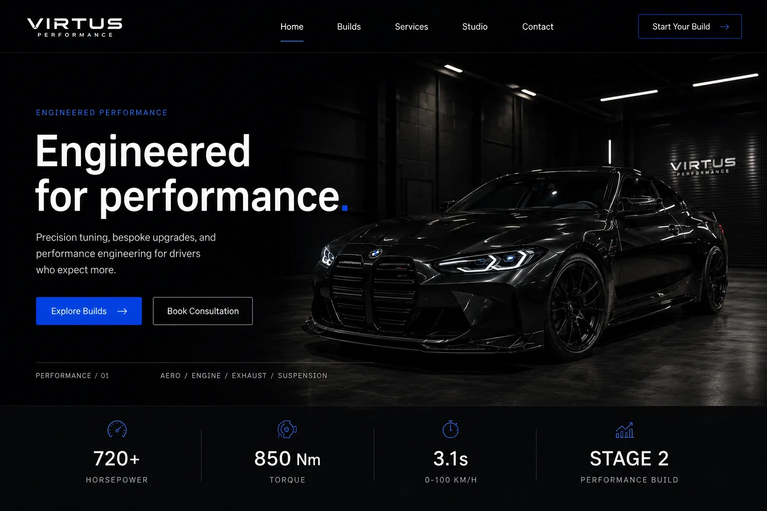 Blackline Performance — Bold, data-driven site for a performance tuning garage — build showcases and live spec comparisons.