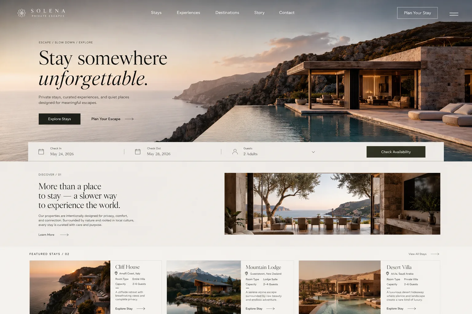 Solena — Private-stays travel brand site with an editorial booking flow for curated escapes.