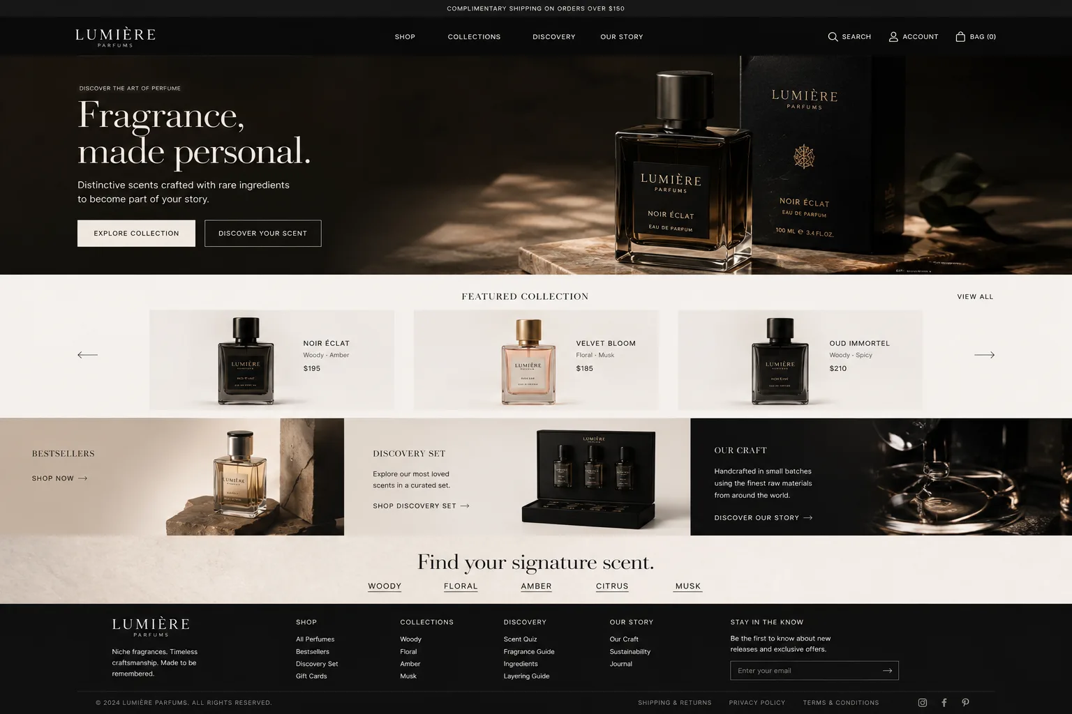 Lumière Parfums — Niche fragrance storefront with an editorial product story and a curated discovery-set flow.