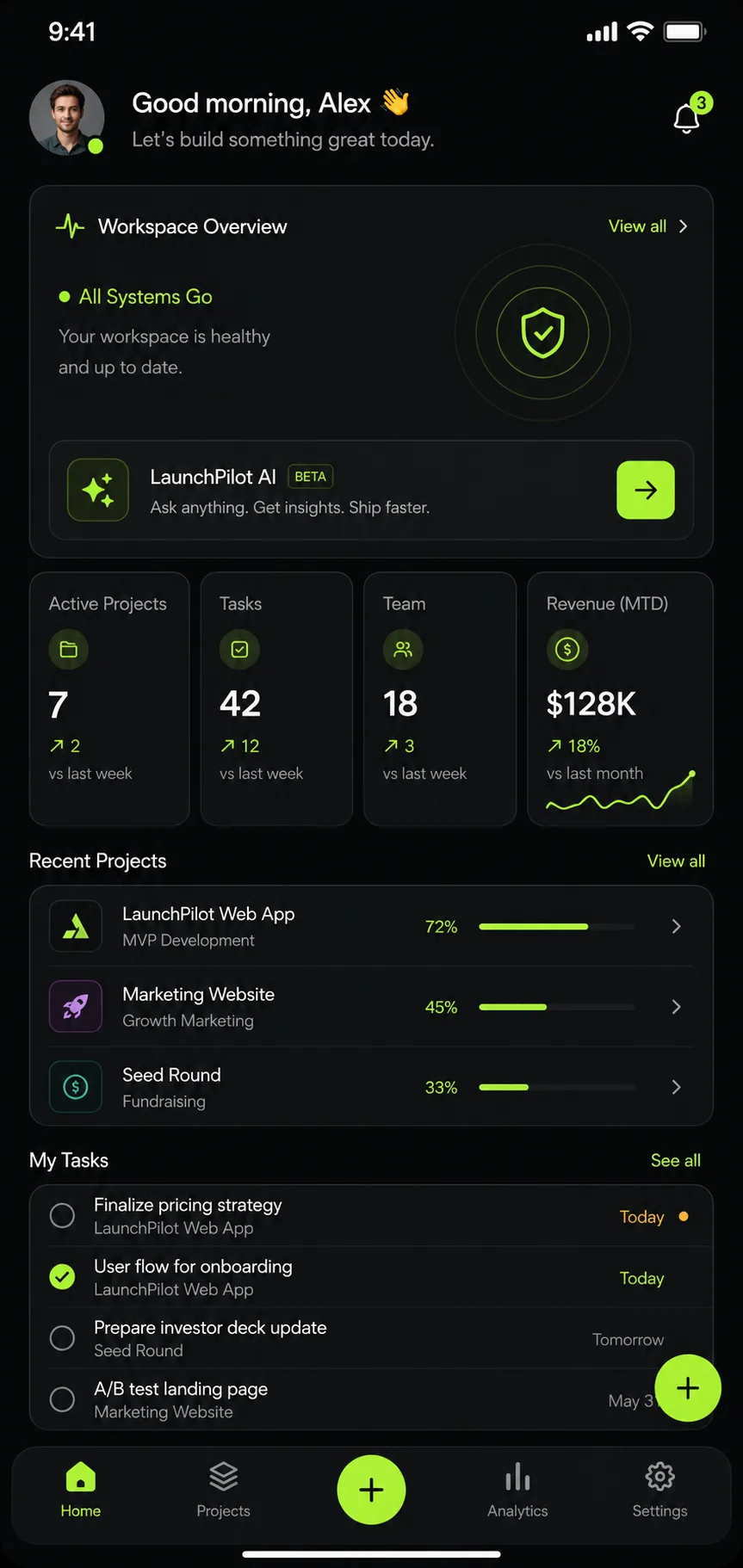 LaunchPilot — Startup workspace SaaS bringing projects, tasks, team and revenue into one founder-friendly dashboard.