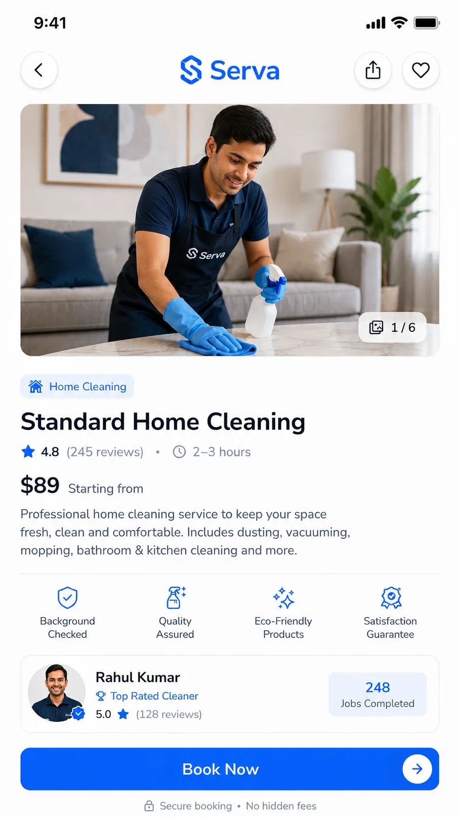 Serva — On-demand booking marketplace connecting customers with vetted local service professionals.