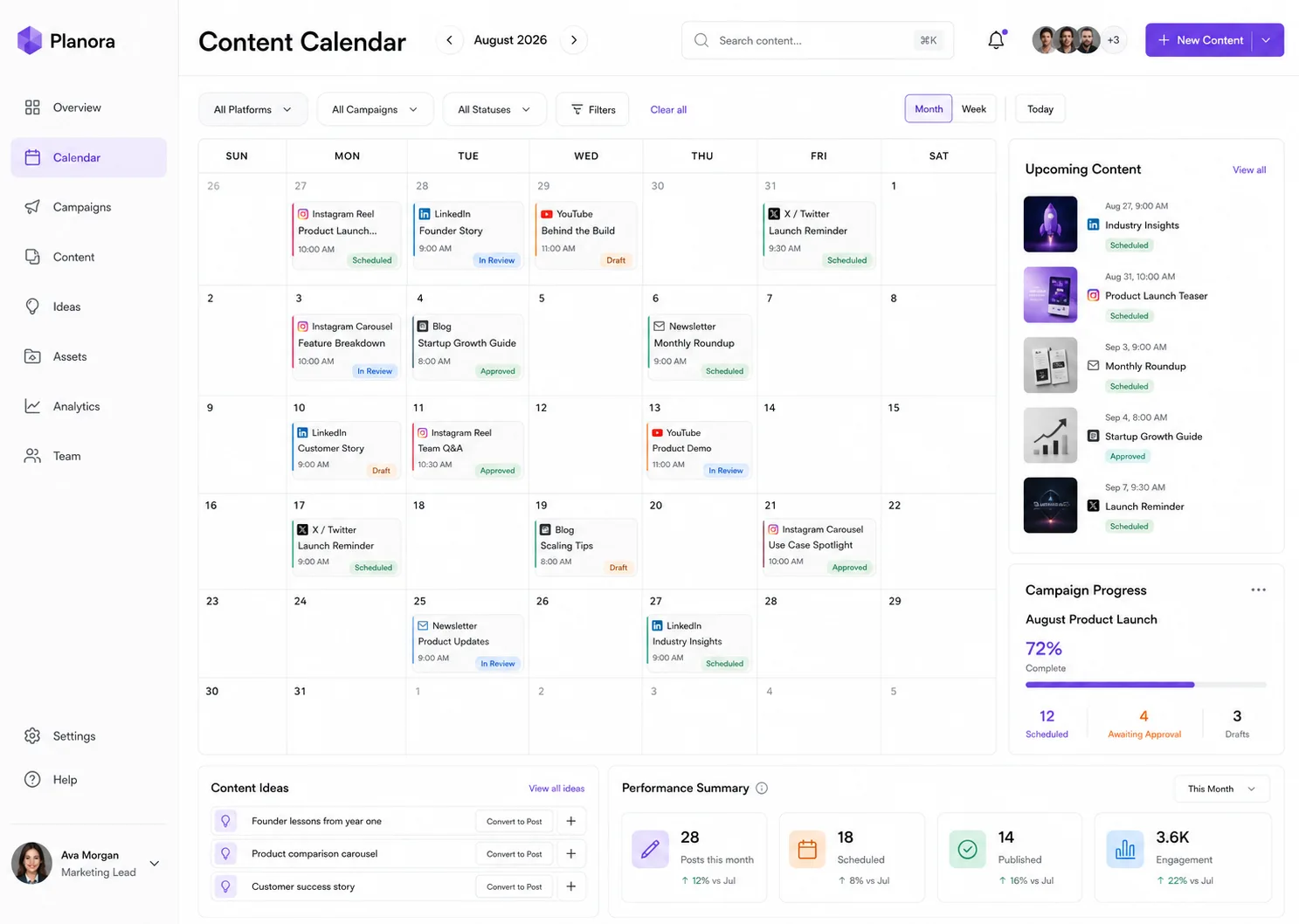 Planora — Content and campaign planning workspace with a calendar view built for marketing teams.